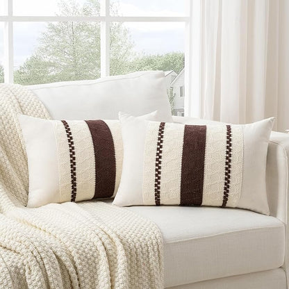 Fancy Homi Set of 1 Boho Brown Long Lumbar Decorative Throw Pillow Cover 12x24 Inch for Couch Bed Sofa Chair, Modern Organic Farmhouse Home Decor, Soft Cotton Cute Accent Rectangle Cushion Case