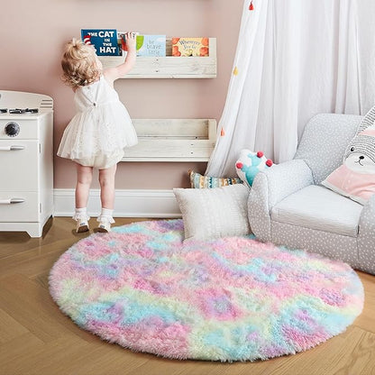 Amdrebio Rainbow Fluffy Round Rug 7Ft Kids Rugs for Girls Bedroom, Unicorn Room Decor, Colorful Pastel Big Large Carpet for Baby Nursery Playroom, Cute Shaggy Kawaii Circle Area Rug for Teen Princess