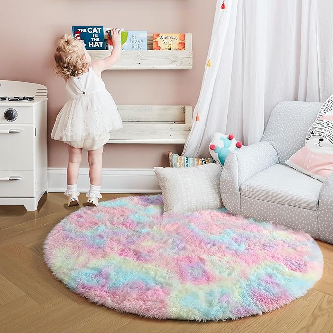 Amdrebio Rainbow Fluffy Round Rug 5Ft Kids Rugs for Girls Bedroom, Unicorn Room Decor, Colorful Pastel Shag Carpet for Playroom Baby Nursery, Cute Furry Kawaii Circle Area Rug for Toddler Princess