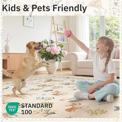 Soalmost Dog 8x10 Area Rugs for Living Room, Machine Washable Animal Floral Vintage Rug Non-Slip Low Pile Soft Throw Large Rugs for Bedroom Dining Room Kitchen Nursery Playroom (8 x 10,Beige)