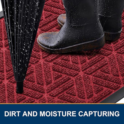 Smiry Front Door Mat Outside Entrance, Heavy Duty Sturdy Natural Rubber Doormat, Trap Dirt and Moisture, Easy Clean Low Profile Mats for Indoor Outdoor Entry, Grid Geometric (29.5x17, Wine Red)