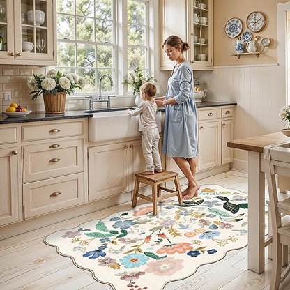 Washable 3x5 Entryway Area Rugs: Ultra Soft Floral Carpet for Kitchen Nursery Indoor Light-Weight Doormat Anti-Slip Elegance Rug for Living Room Bedroom Small Foldable Vintage Floor Mat(3x5,Cream)