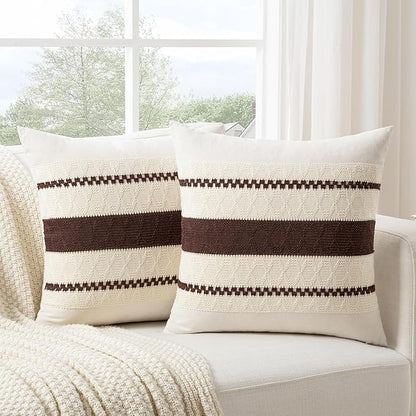 Fancy Homi Set of 1 Boho Brown Decorative Throw Pillow Cover 18x18 Inch for Couch Bed Sofa, Aesthetic Modern Organic Farmhouse Home Decor, Soft Cotton Cute Accent Macrame Woven Cushion Case