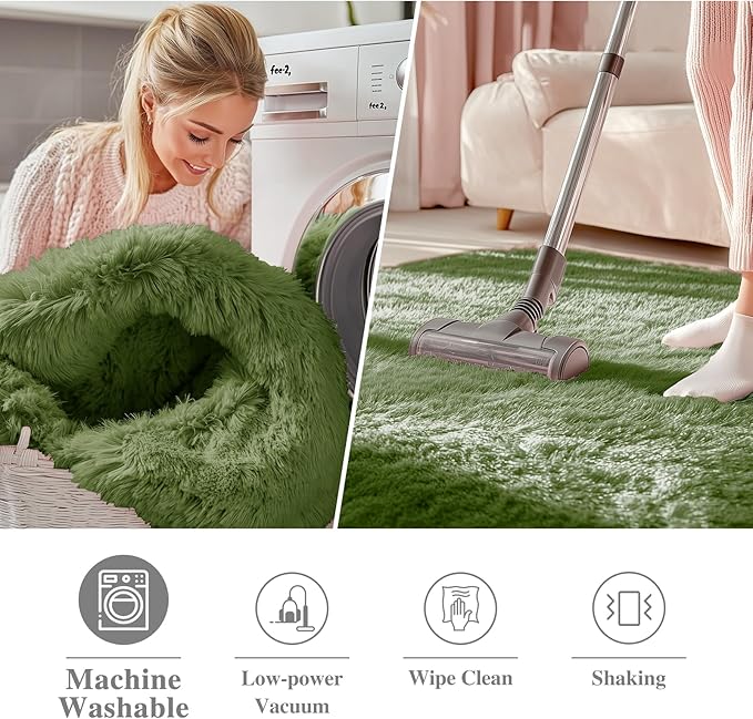 OLANLY Green Round Rugs for Bedroom - Machine Washable, 8 ft Circle Area Rugs for Living Room, Soft and Fluffy Shaggy Carpet for Teen Girl and Boys, Nursery Rooms, Dorms, Home Decor Aesthetic