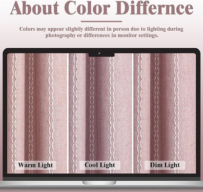 Boho Blackout Curtains 2 Panels 84 Inch for Living Room Bedroom,Pink Linen Texture Farmhouse Curtains with Tassels and Cotton Embroidery Vintage Rustic Western Rod Pocket