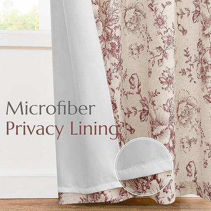 jinchan Lined Linen Blend Curtain Floral Curtains for Living Room 96 Inches Long Farmhouse Red Flower Printed Curtain Rod Pocket Back Tab Peony Patterned Drapes Curtains Set 2 Panels