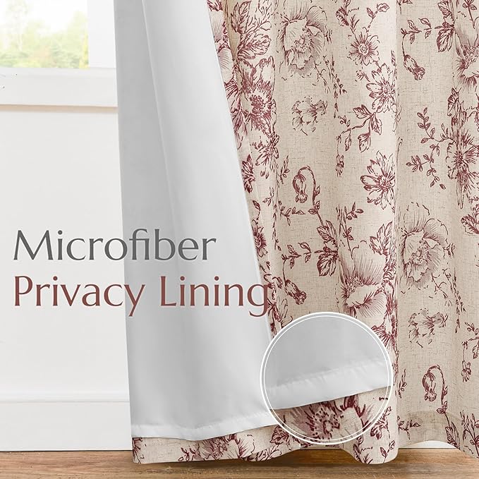 jinchan Lined Linen Blend Curtain Floral Curtains for Living Room 108 Inches Long Farmhouse Red Flower Printed Curtain Rod Pocket Back Tab Peony Patterned Drapes Curtains Set 2 Panels