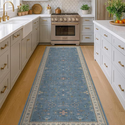 Blue Boho 2'6''x8' Wide Hallway Runner Rug - Washable Kitchen Sink Rug, Non Slip 8ft Long Runner Rug for Entryway, Colorful Modern Floral Print Home Décor