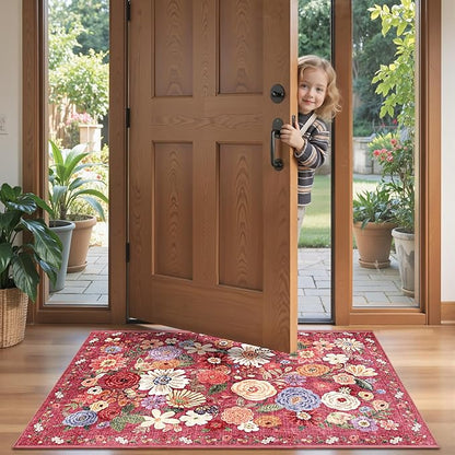 2x4 Entryway Runner Rugs, Non Slip Washable Rugs with Rubber Backing Soft Floral Carpet Runner for Kitchen, Laundry, Bedroom, Bathroom(2 x 4, Red Garden)
