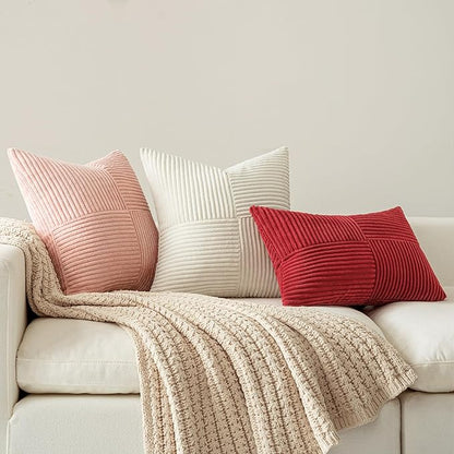 MIULEE Beige Decorative Lumbar Throw Pillow Covers 14x24 Inch for Couch Bed Sofa Pack of 2 Boho Neutral Farmhouse Throw Pillows Soft Cross Corduroy Patchwork Textured Cushion Cases
