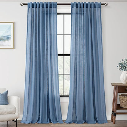 Denim Blue Curtains for Living Room Back Tab Modern Farmhouse Semi Sheer Blue Curtains 102 inches Long 2 Panels Set Muted Neutral Window Curtain for Dining Room Bedroom 52x102