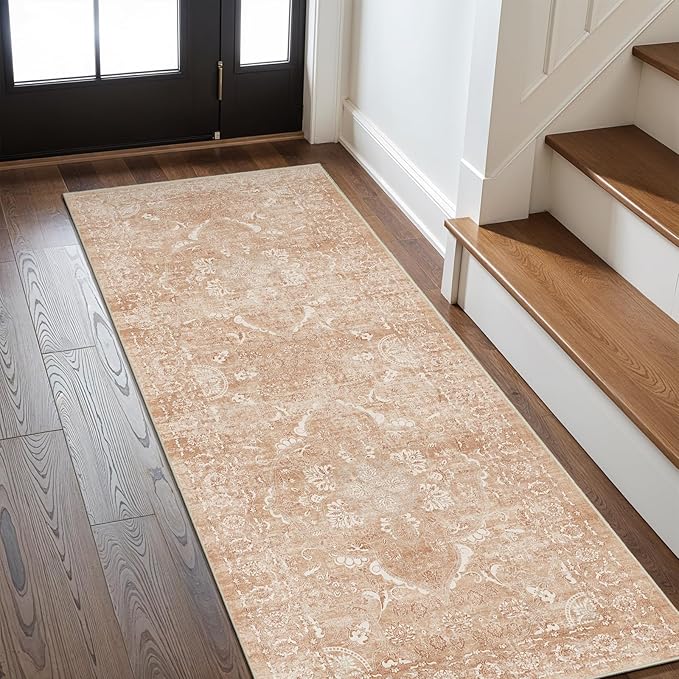 Hallway 2x6 Washable Runner - Vintage Non-Slip Long Rug for Entryway Low-Pile Washable Medallion Runner for Hallway Waterproof Traditional Runners Indoor Thin Rug for Kitchen (Brick)