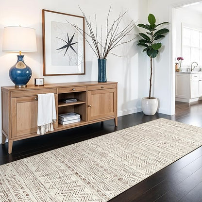 3x6 Washable Hallway Runner Rug - Moroccan Non-Slip Long Runners for Entryway Soft Modern Geometric Low-Pile Rugs for Kitchen Waterproof Neutral Carpet for Bedroom Bathroom Laundry 3x6 Beige