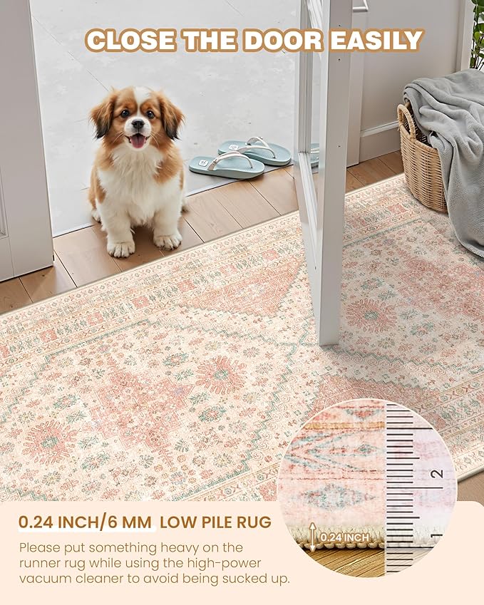 Runner Rug 2x6, Non Slip Washable Rugs for Laundry Room, Runners for Hallways, Low Pile Vintage Soft Rugs for Living Room, Kitchen Bathroom,Bedroom Rug(Pink,2'x6')
