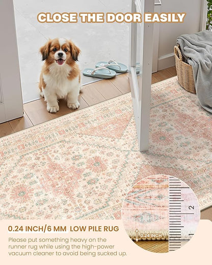 Runner Rug 2x6, Non Slip Washable Rugs for Laundry Room, Runners for Hallways, Low Pile Vintage Soft Rugs for Living Room, Kitchen Bathroom,Bedroom Rug(Pink,2'x6')