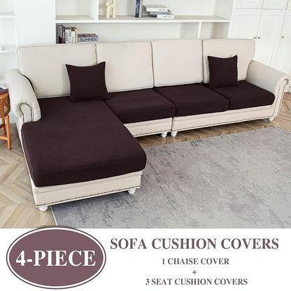 Couch Cushion Covers for Sectional Sofa L Shape Washable Separate Seat Chaise Couch Cover Stretch Sofa Slipcovers with 2 Pcs Pillowcases(3 Seater + 1 Chaise, Brown)