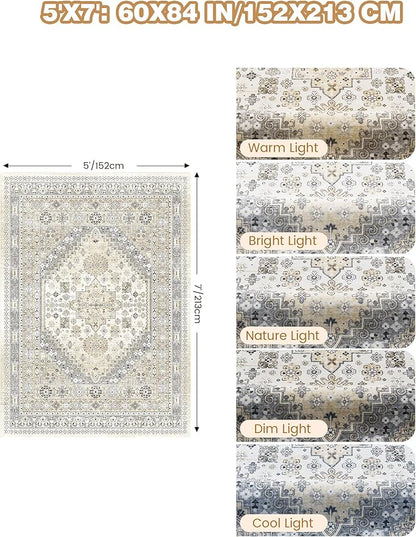 Area Rugs 5x7, Ultra-Thin Washable Rugs for Living Room, Anti-Slip Backing Area Rug for Bedroom, Soft Floral Vintage Home Decor Rug for Dining Room(Beige,5'x7')