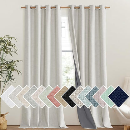 NICETOWN Snowbound Vintage Linen 100% Blackout Curtains for Living Room, Thermal Insulated Curtains 120" Long, Noise Reducing Window Treatment Drapes for Hall Room, 52" Wide Per Panel, Set of 2