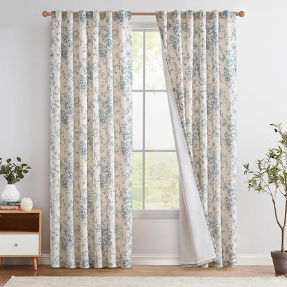 jinchan Lined Linen Blend Curtain Floral Curtains for Living Room 84 Inches Long Blue Peony Flower Printed Curtain Rod Pocket Back Tab Farmhouse Patterned Drapes Bedroom Window Curtains Set 2 Panels