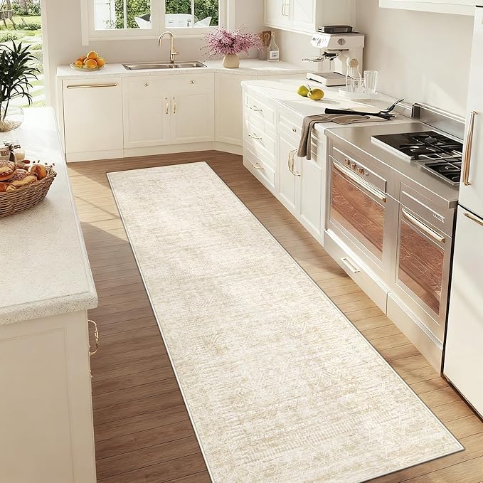 2x8 Washable Runner Rug: Moroccan Geometric Boho Rug Farmhouse Non Slip Stain Resistant Rugs Low Pile Soft Carpet for Porch Kitchen Laundry Room Living Room Bedroom (Beige,2'x8')