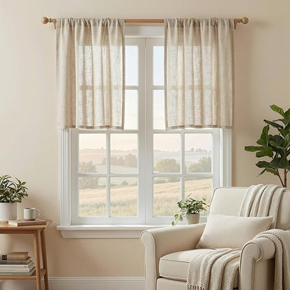 MYSKY HOME Semi Sheer Light Oatmeal Curtains 36 Inches Long for Kitchen 2 Panels, Light Filtering Cream Tiers Curtains Rod Pocket Neutral Window Drapes for Bathroom/Cafe/Basement, Taupe, 34 x 36 Inch