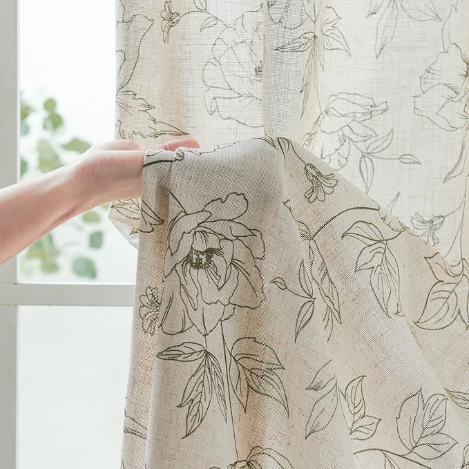 jinchan Floral Linen Curtains for Living Room 63 Inch Length Green Flower Curtain Rod Pocket Back Tab Farmhouse Curtains with Printed Floral Bedroom Window Curtain Set, 2 Panels Green