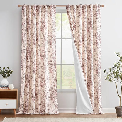 jinchan Lined Linen Blend Curtain Floral Curtains for Living Room 96 Inches Long Farmhouse Red Flower Printed Curtain Rod Pocket Back Tab Peony Patterned Drapes Curtains Set 2 Panels