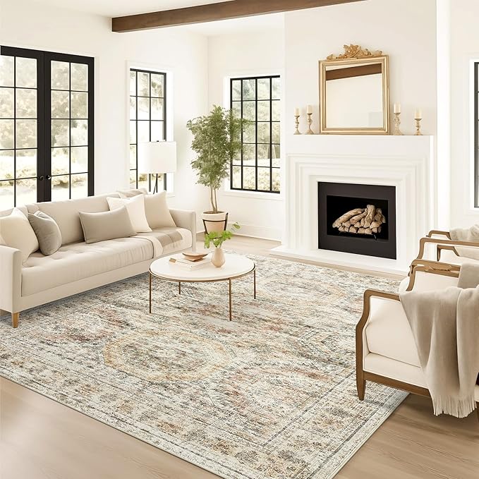 9x12 Area Rugs for Living Room, Non Slip Machine Washable Vintage Rugs, Low Pile Lightweight Large Rug for Bedroom, Dining Room, Home Office Brown Pink