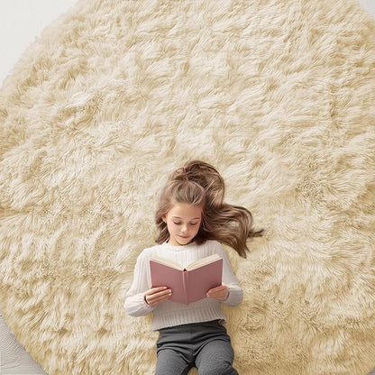 OLANLY Cream Round Rugs for Bedroom - Machine Washable, 8 ft Circle Area Rugs for Living Room, Soft and Fluffy Shaggy Carpet for Teen Girl and Boys, Nursery Rooms, Dorms, Home Decor Aesthetic