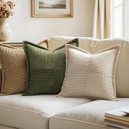 MIULEE Decorative Euro Sham Throw Pillow Covers for Couch Bed Livingroom 22x22 Inch Set of 2 Beige Boho Accent Throw Pllows Broadside Striped Patchwork Soft Corduroy Pillowcases