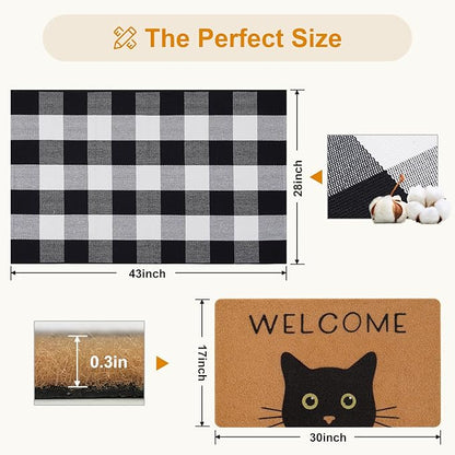 UINI Door Mat Combo Set, 28" x 43" Plaid Mat +17" x 30" Black Cat with Green Eyes Doormat, 2 PCS Welcome Mat Set for Front Door, Entrance, Porch Decor, Non-Slip