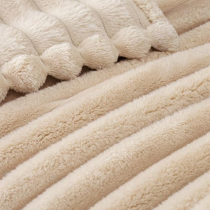 Exclusivo Mezcla Twin Size Flannel Fleece Blanket, Super Soft Striped Jacquard Bed Blanket, Lightweight Fuzzy Cozy for All Seasons, 60x80 Inches, Beige