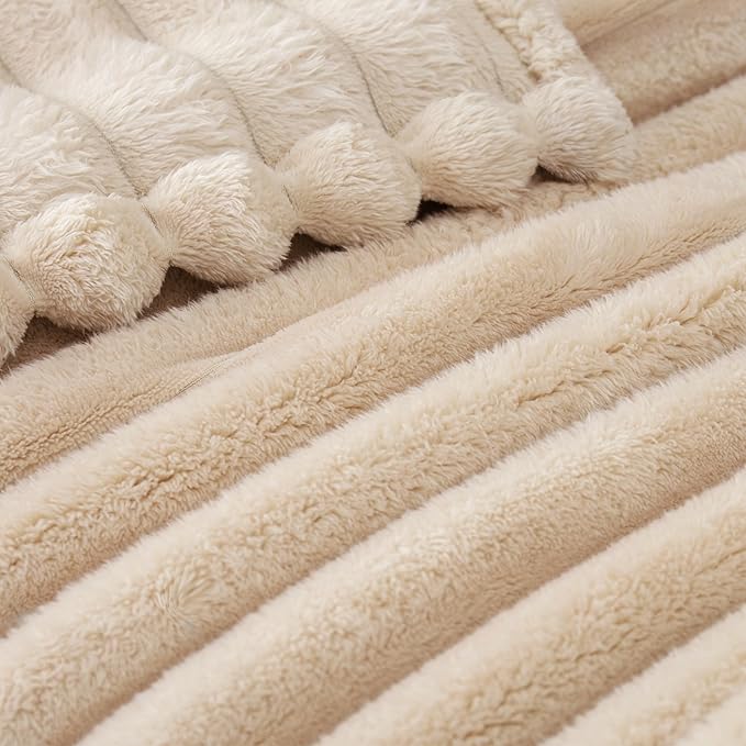 Exclusivo Mezcla Fleece Throw Blanket for Couch, Super Soft Striped Jacquard Bed Blanket, Lightweight Fuzzy Cozy for All Seasons, 50x60 Inches, Beige