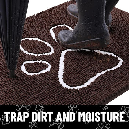 Smiry Dog Door Mat for Muddy Paws, Absorbent Dirt Trapper Non Slip Quick Dry Washable Chenille Mat for Mud Dogs, Entry Rug for Indoor and Outdoor (47x17 Inches, Brown and White)