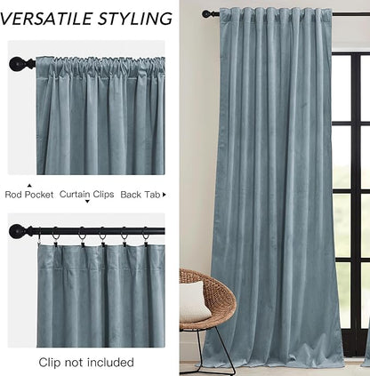 RYB HOME Stone Blue Velvet Curtains 72 inches with Hook Belt, Soft Fabric Room Darkening Thermal Insulated Luxurious Home Decor Curtains for Living Room Bedroom, W 52" x L 72", 2 Panels Set