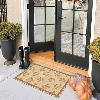 Front Door Mat Outside Entrance - 2x3 Floral Non-Slip Washable Doormat Indoor Outdoor Mat Jute-Look Farmhouse Tan Scalloped Entry Rug Small Throw Rugs for Entryway Kitchen Front Porch Decor