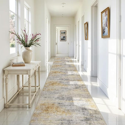 3x20 Washable Kitchen Runner Rug: Modern Abstract Runners for Hallway Soft Non Slip Rugs with Rubber Backing Low Pile Thin Floor Carpet for Entryway Bedroom Bathroom Bedside Indoor(Grey/Yellow,3x20)