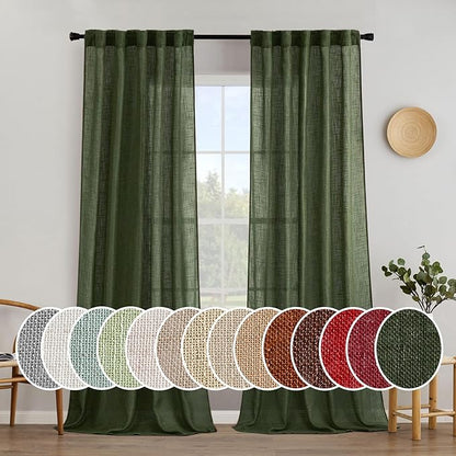 MIULEE Olive Green Linen Curtains 90 Inch Long for Bedroom Living Room, Soft Thick Linen Textured Window Drapes Semi Sheer Light Filtering Rod Pocket Back Tab Christmas Burlap Look, 2 Panels