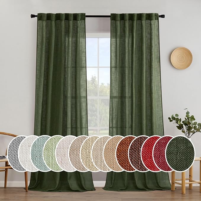 MIULEE Olive Green Linen Curtains 120 Inches Long for Bedroom Living Room, Soft Thick Linen Textured Window Drapes Semi Sheer Light Filtering Back Tab Rod Pocket Burlap Look, 2 Panels