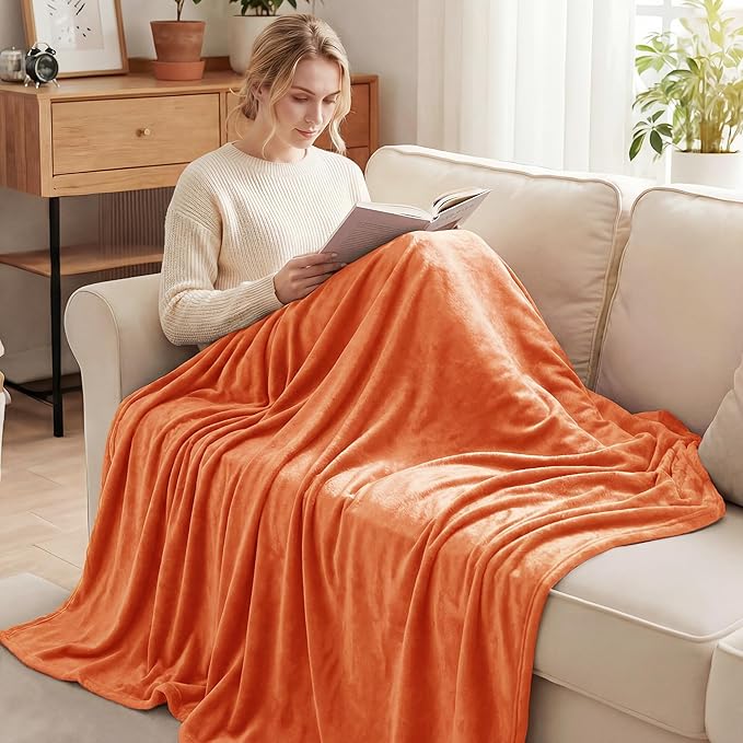 Exclusivo Mezcla Fleece Blankets Queen Size for Bed, Super Soft and Warm, All Season, Cozy, Plush, Lightweight, 90x90 Inches, Burnt Orange