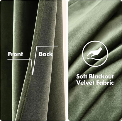 MIULEE 90 Inches Velvet Curtains Olive Green Elegant Grommet Curtains Thermal Insulated Soundproof Room Darkening Drapes for Classical Living Room Bedroom Decor 52 x 90 Inch Set of 2