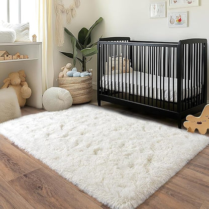 Pionblank Fluffy Area Rug for Bedroom 4x6 Feet, Indoor Plush Carpet, Shag Soft Bedside Rug, Cute Comfy Furry Rug for Living Room Dorm Girls Boys Room Nursery Decor, Cream White