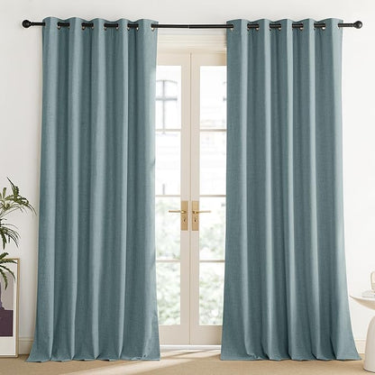 NICETOWN 100% Absolutely Blackout Linen Curtains with Thermal Insulated Liner, Skylark Blue, 62" Wide, 95" Length Energy Saving Curtains for Living Room 2 Panels Set, Vertical Blinds