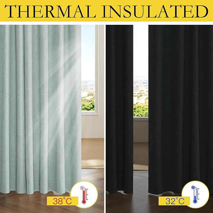 NICETOWN 100% Absolutely Blackout Linen Curtains with Thermal Insulated Liner, Seafoam Green, 62" Wide, 90" Length Energy Saving Curtains for Living Room 2 Panels Set, Vertical Blinds