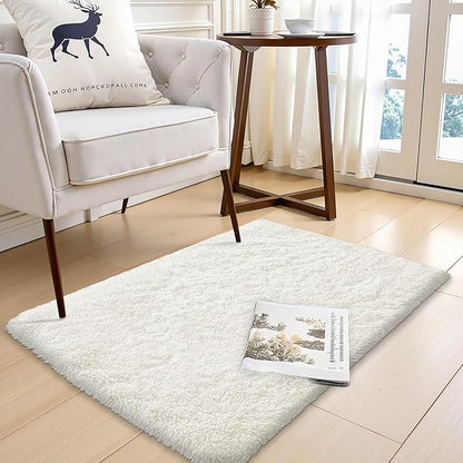 OLANLY 2x2 Machine Washable Small Rug, Soft Fluffy Shaggy Throw Rug for Bedroom, Entryway, Indoor Floor Carpet for Kids, Nursery, Home Decor, Ivory