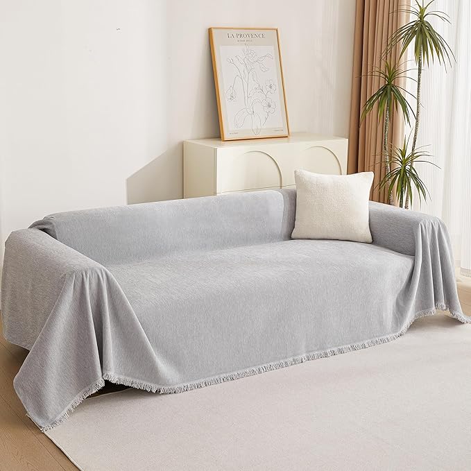 MYSKY HOME Light Gery Chenille Sofa Cover for Dogs Cats Tassel Edge Couch Cover Furniture Protectors for Pets Universal Couch Cover Thick Durable Sectional Couch Covers for 3 Cushion Couch, 91"x 134"