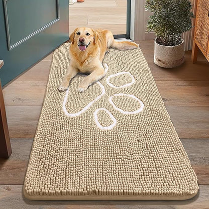 Smiry Dog Door Mat for Muddy Paws, Absorbent Dirt Trapper Non Slip Quick Dry Washable Chenille Mat for Mud Dogs, Entry Rug for Indoor and Outdoor (48x30 Inches, Beige and White)