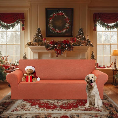 KEKUOU Stretch Oversized Sofa Slipcover 1 Piece Couch Sofa Cover (94"-110") Furniture Protector 4 Seater Sofa with Elastic Bottom for Kids,Pet.Jacquard Checked Pattern Fabric(X Large,Pureed Pumpkin)