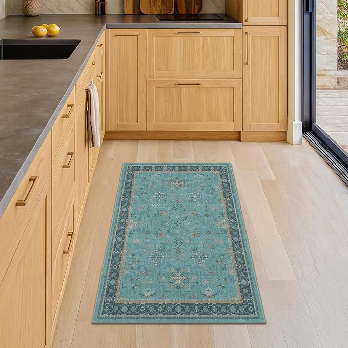 2x4 Washable Teal Throw Rugs for Entryway Indoor - Washable Non Slip Kitchen Rug, Boho Floral Small Carpet for Bathroom, Powder Room, Non Slip Low Pile Stain & Fade Resistant Indoor Décor