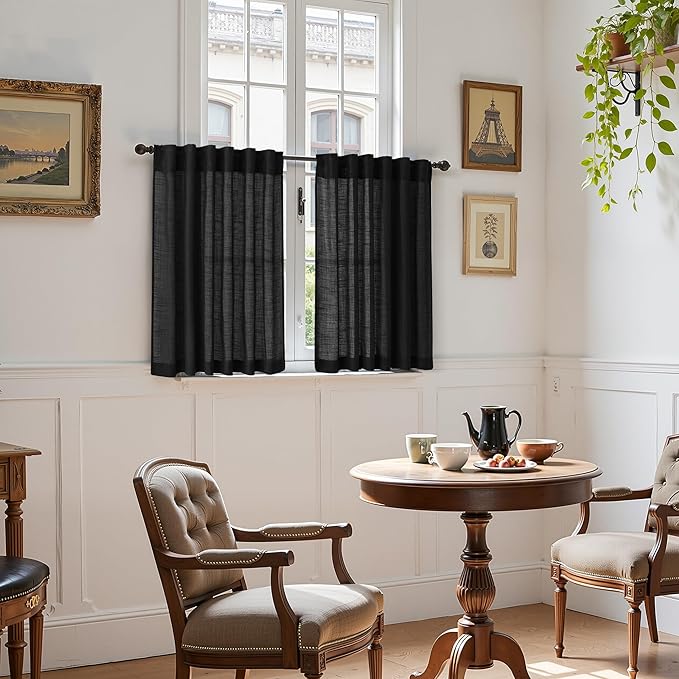 Nanspring Linen Kitchen Curtains 30 Inches Long Black Semi Sheer Short Curtains Back Tab Rod Pocket Solid Privacy Cafe Tier Curtain for Cafe Bathroom Basement 36x30,2 Panels